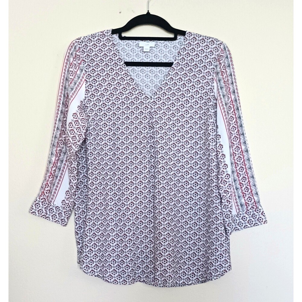 NEW J Jill Tunic Blouse V Neck 3/4 Sleeve Boho Print Sz S